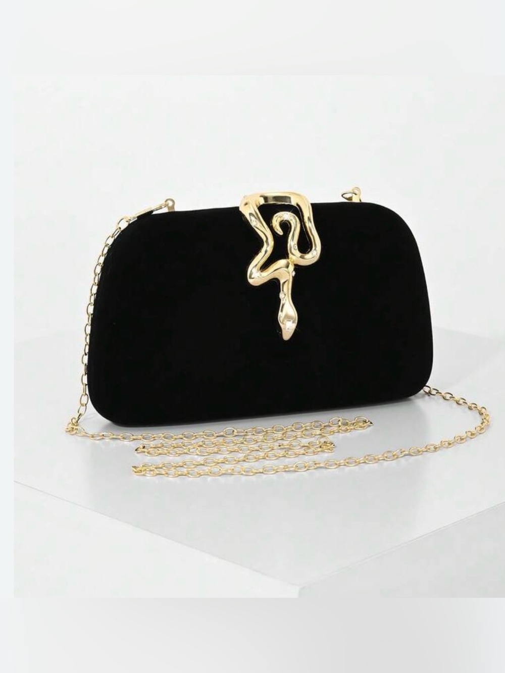 Black Velvet Clutch with Gold Snake Accent